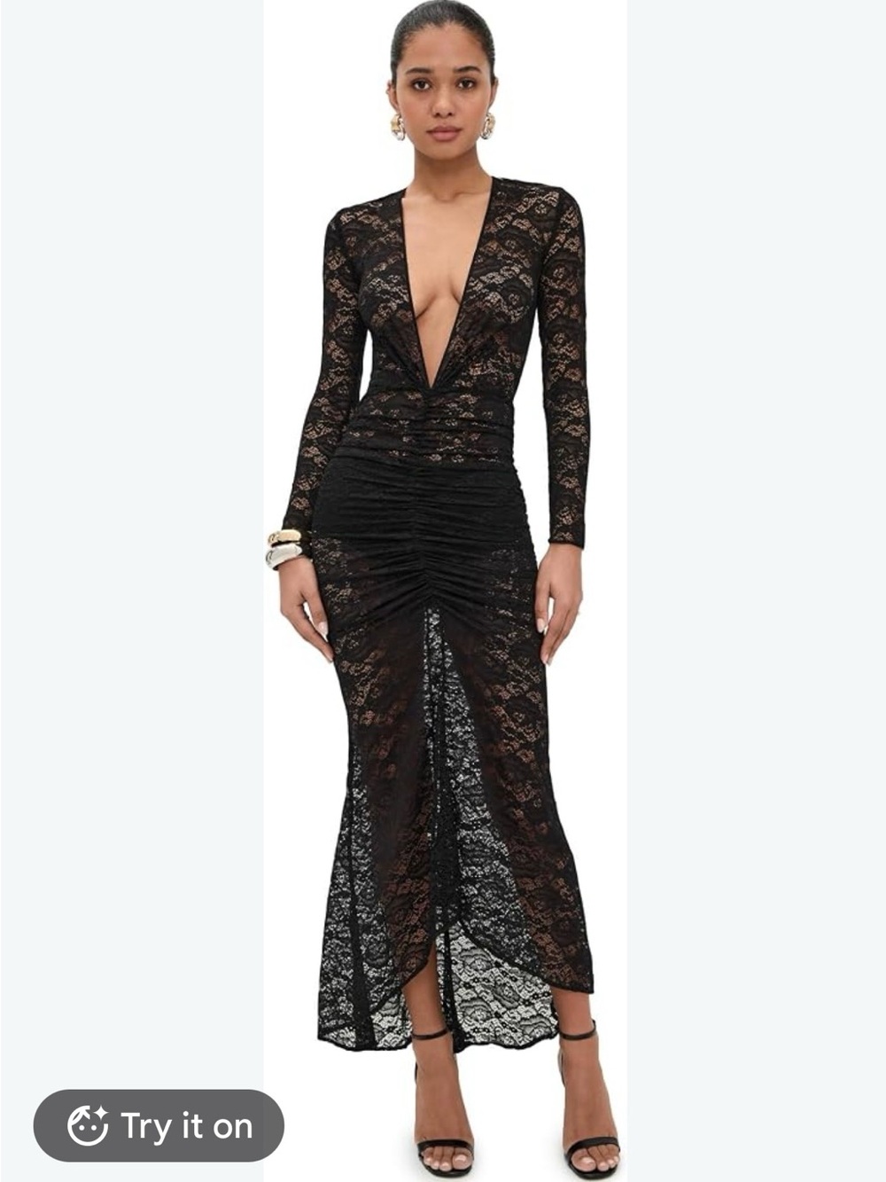 Ronny Kobo Collection Black Lace Deep V Long-Sleeve Maxi Dress